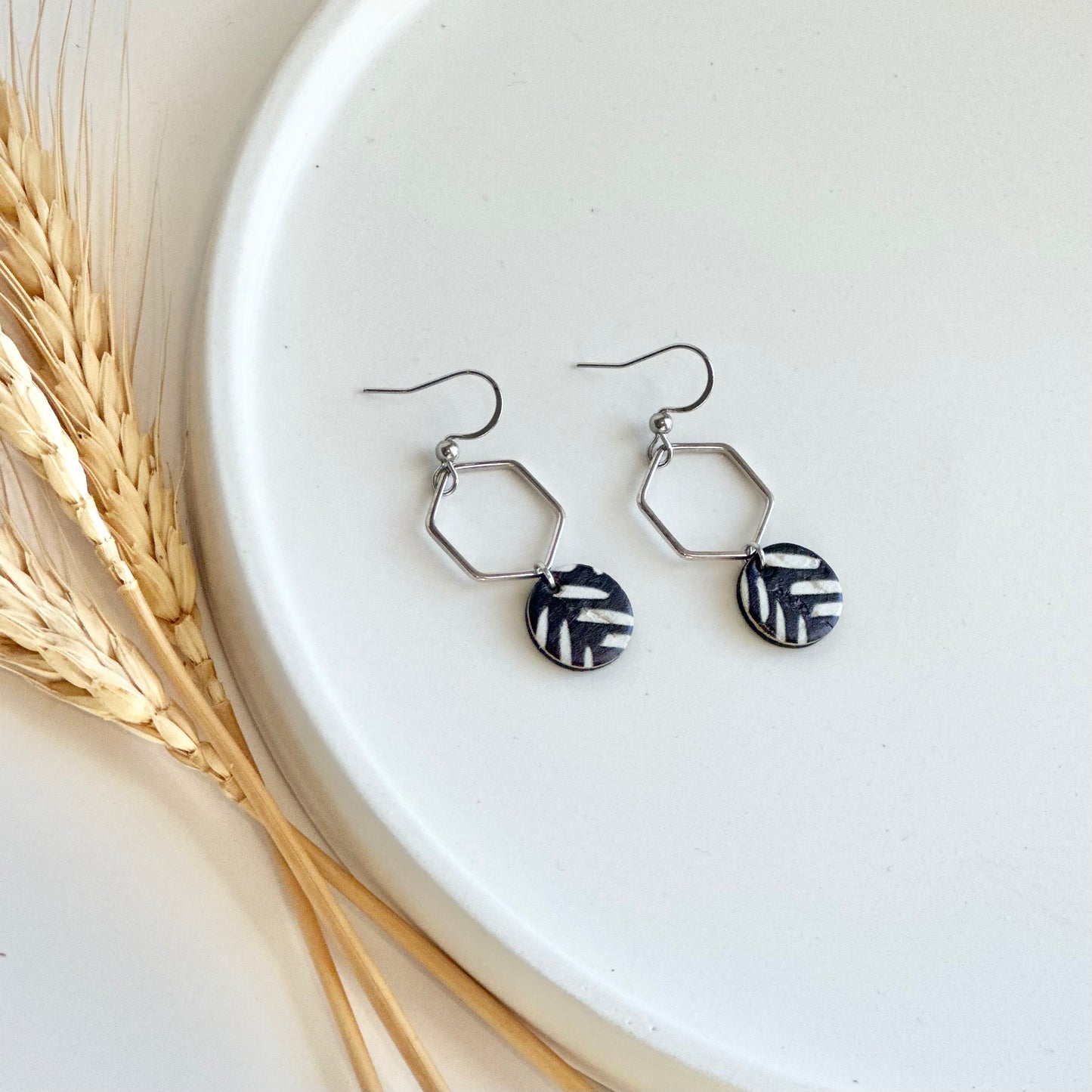 Black and White Chevron Cork Leather + Hexagon Earrings