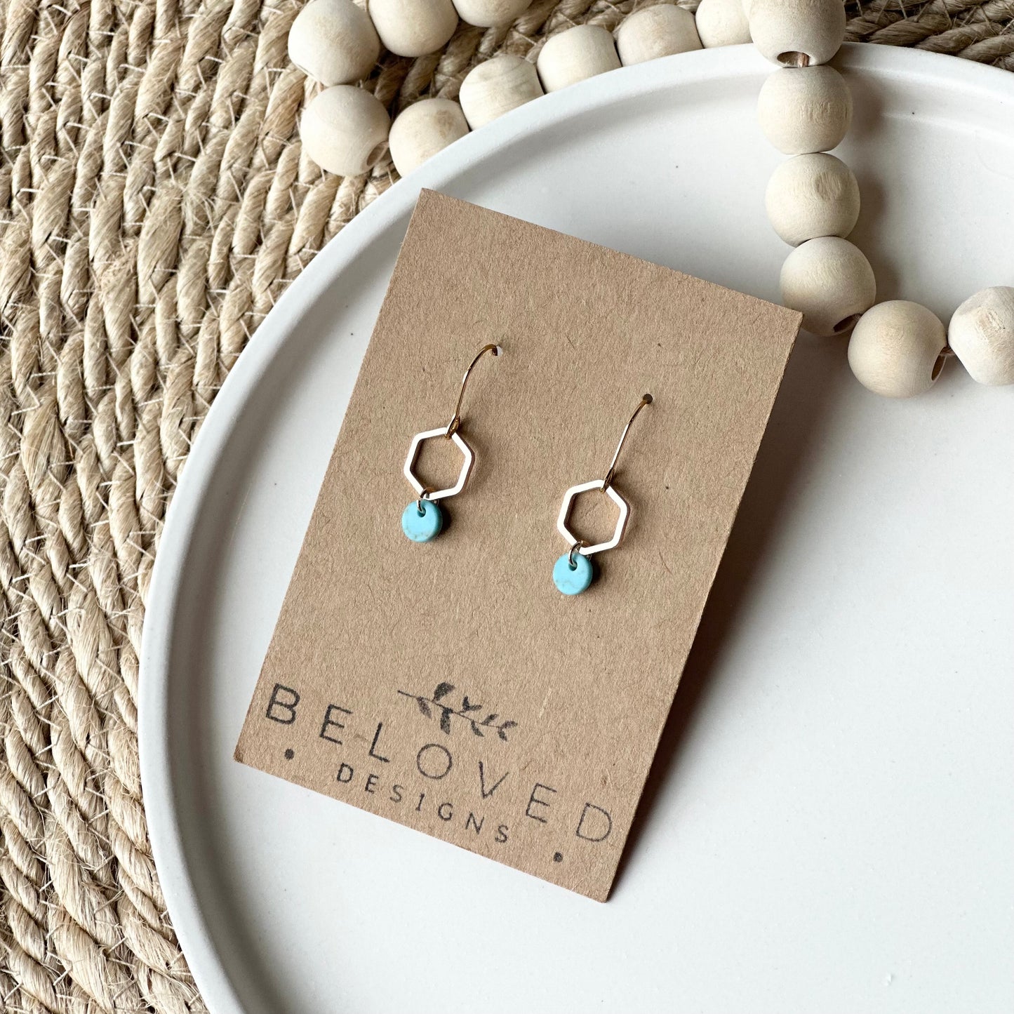 Petite Gold Hexagon + Howlite Earrings