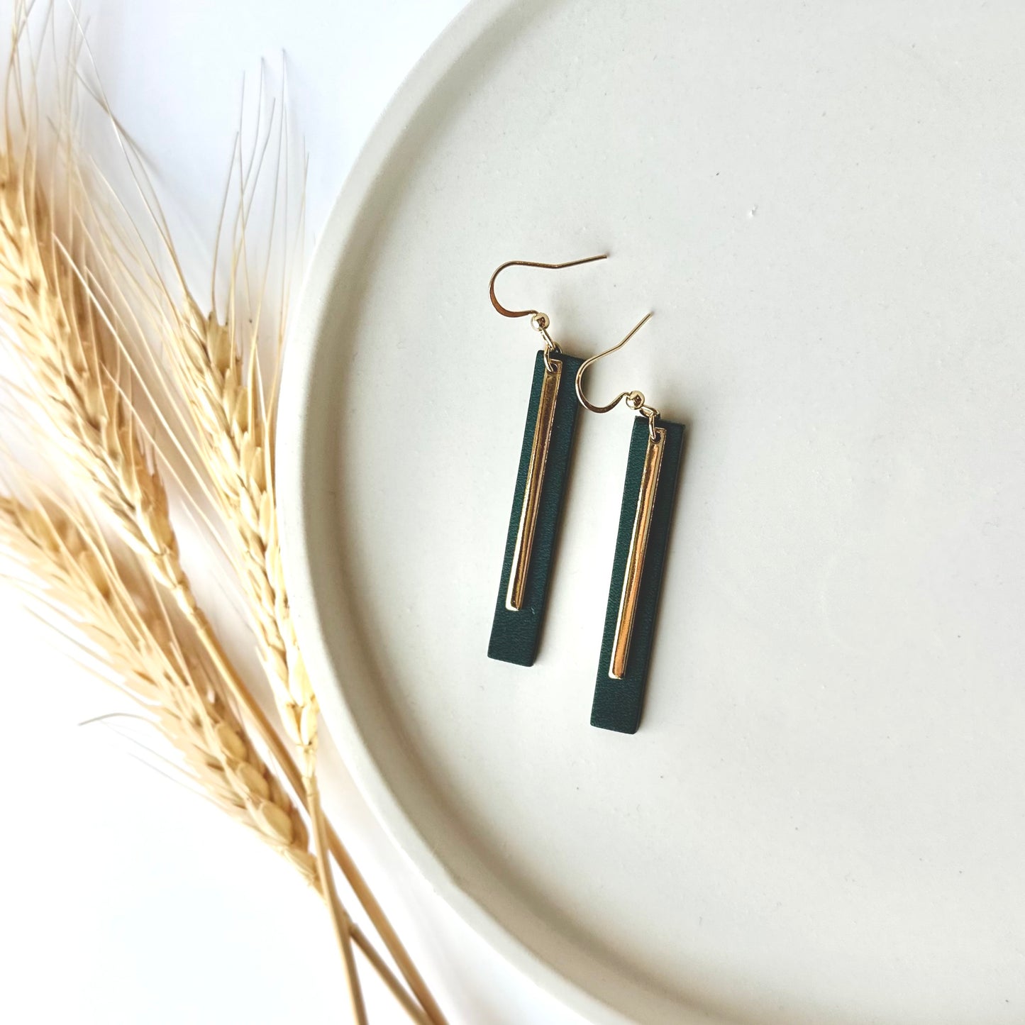 Deep Teal Leather Bar + Gold Bar Earrings