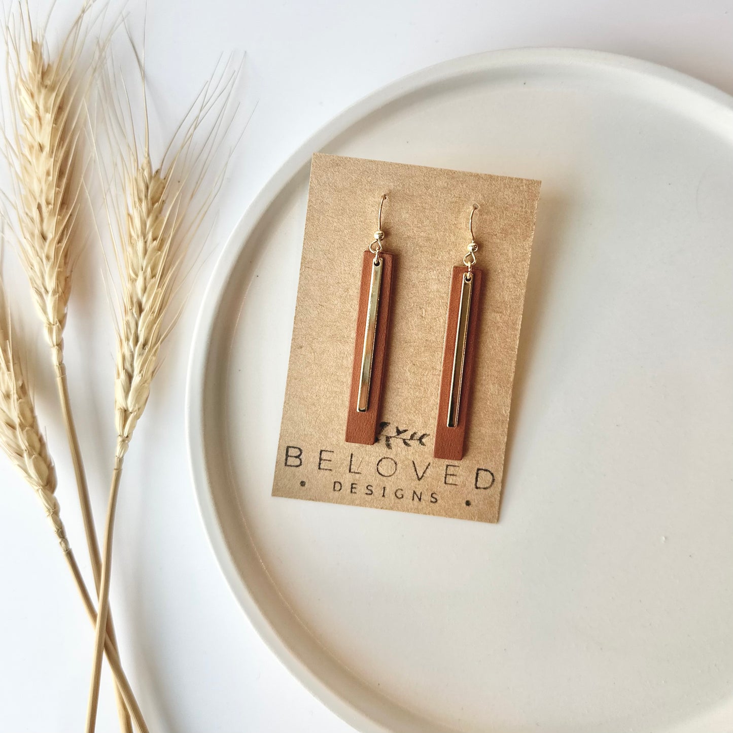 Cognac Leather Bar + Gold Bar Earrings