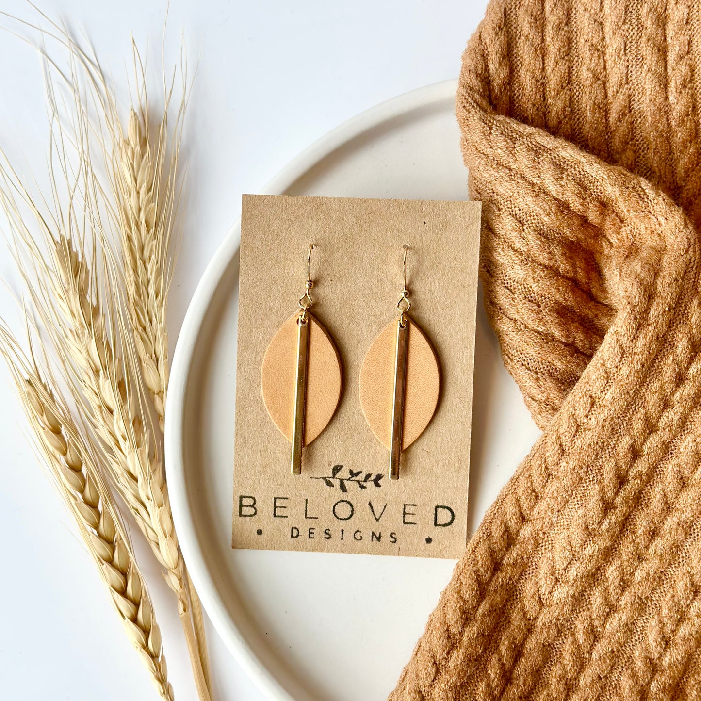 Natural Leather Leaf + Gold Bar Earrings