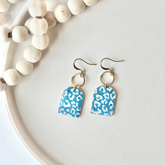 Teal Leopard Cork Leather Arch + Hoop Earrings