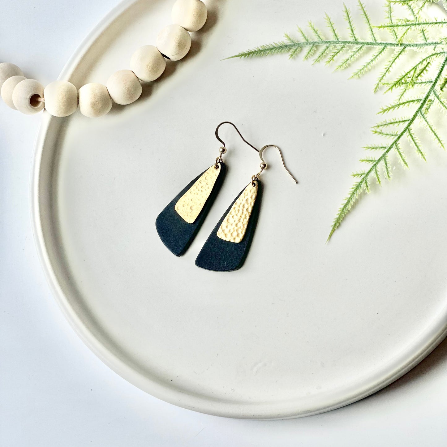 Black Leather Drop Leaf + Hammered Brass Earrings