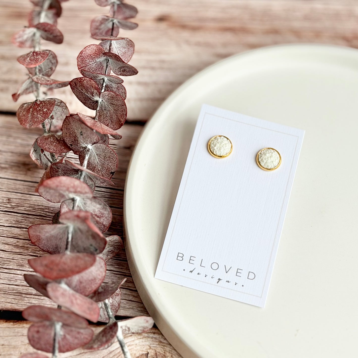 White Sparkle Stud Earrings | 12mm Gold