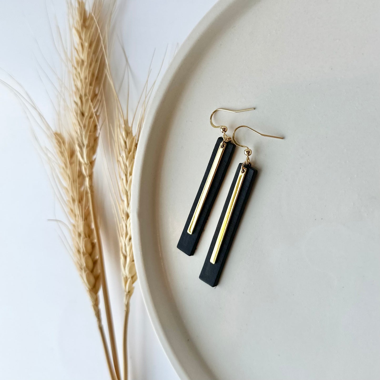 Black Leather Bar + Gold Bar Earrings