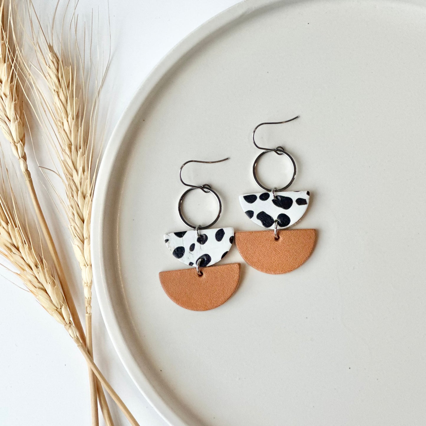 Dalmatian + Natural Leather Half Circle + Hoop Earrings