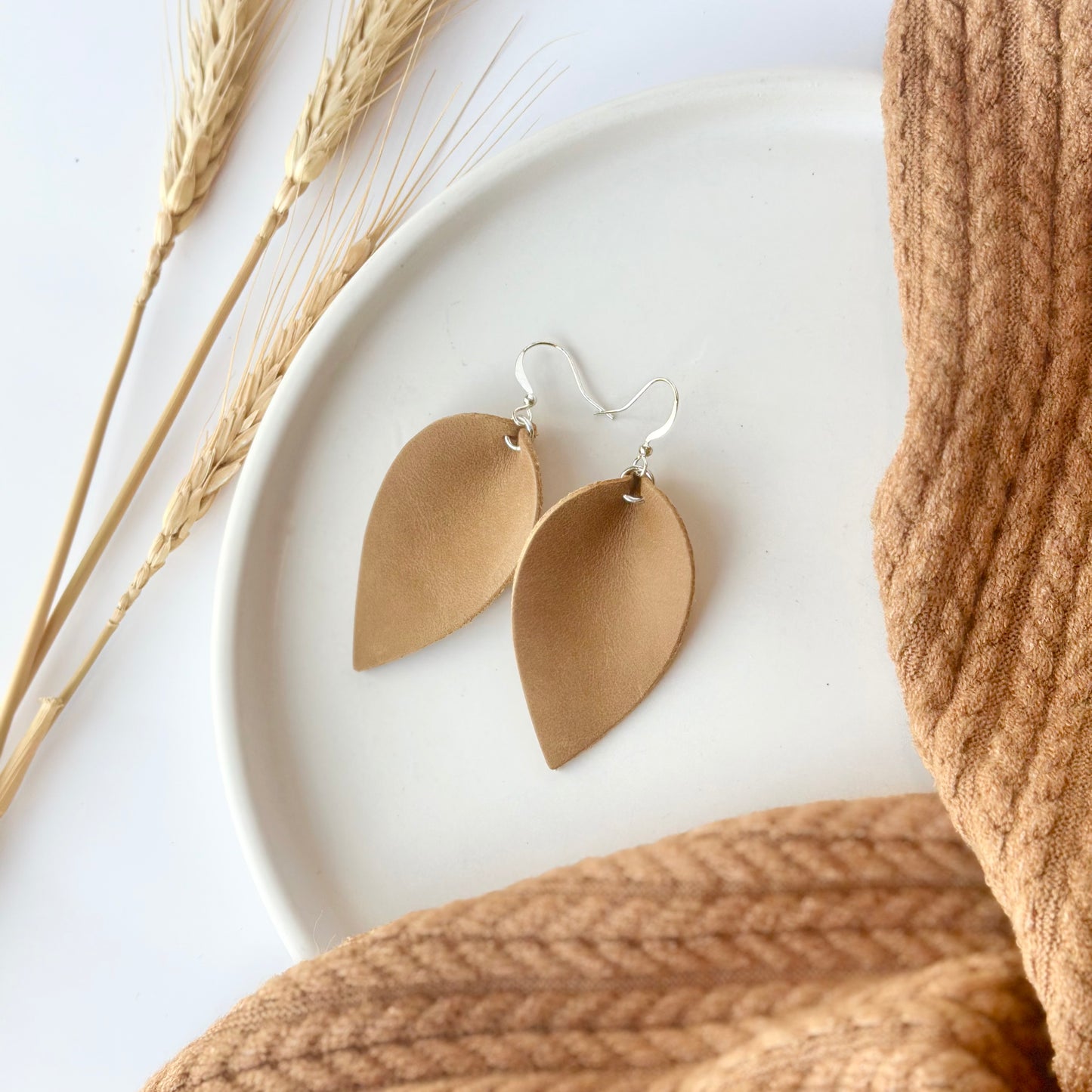 Camel Leather Folded Leaf Earrings - Large