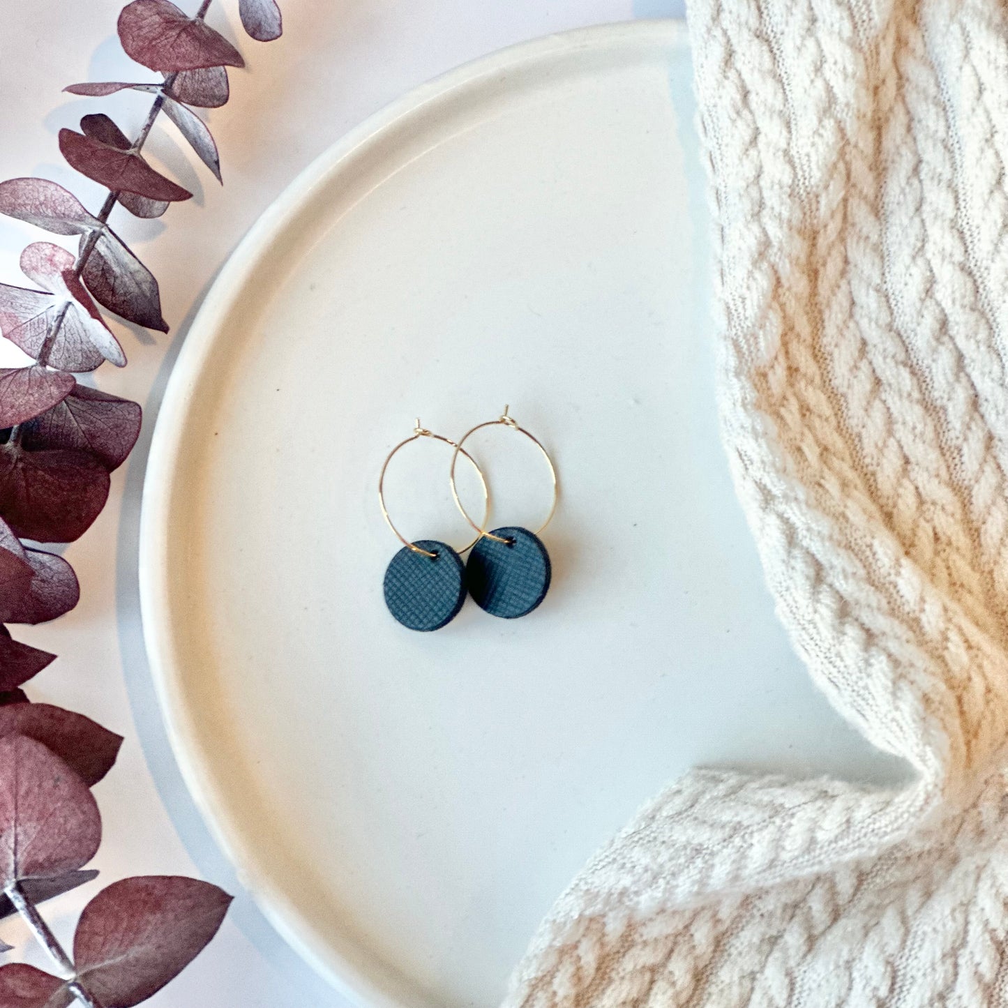 Black Textured Leather Circle + Hoop Earrings