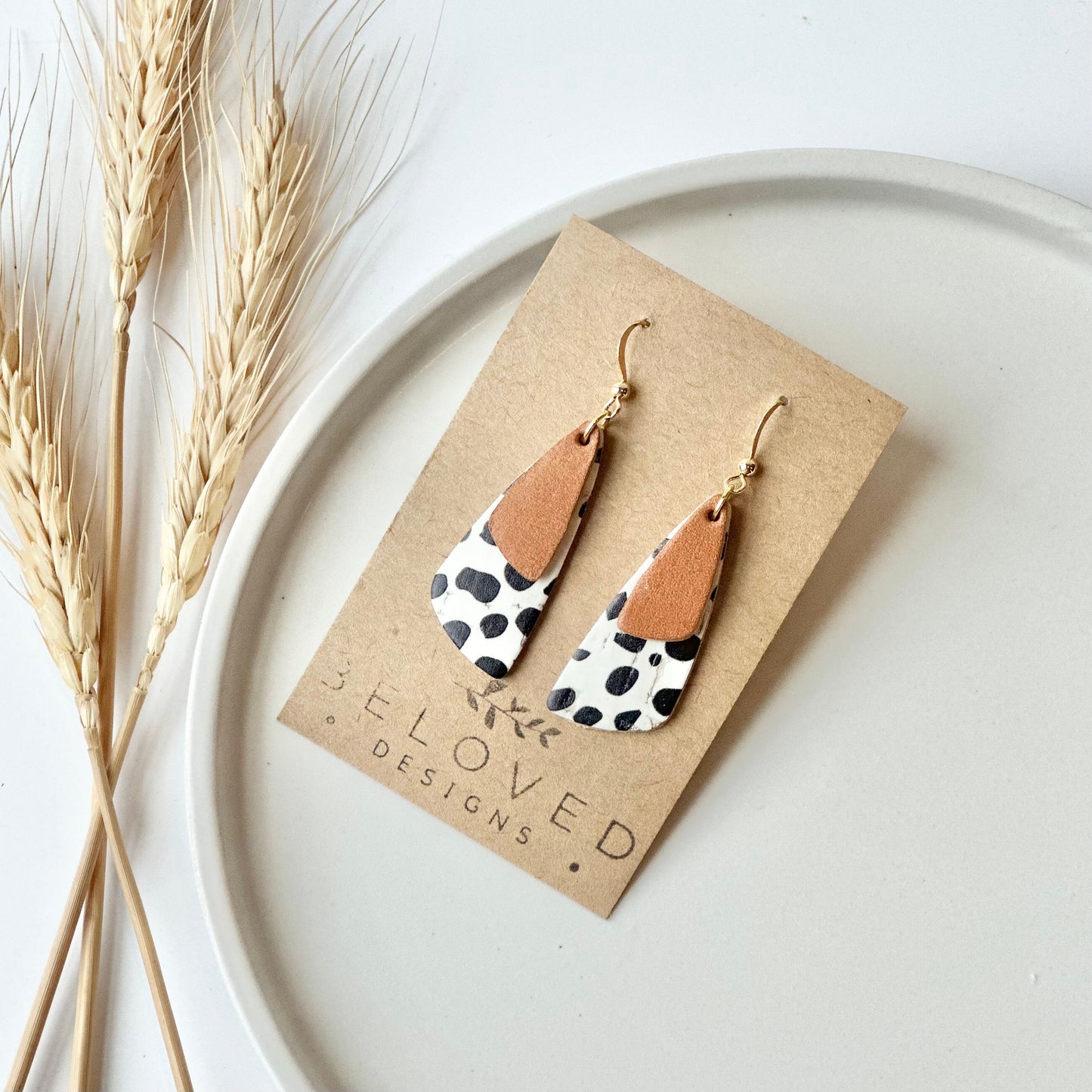 Dalmatian Cork + Natural Leather Drop Leaf Earrings