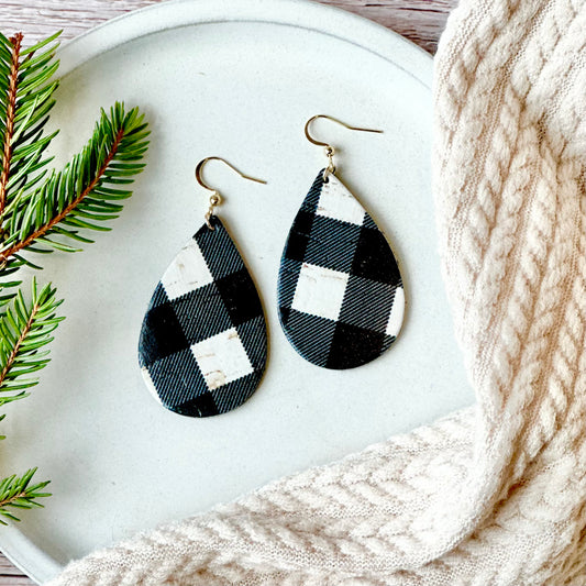 Buffalo Check Leather Teardrop Earrings