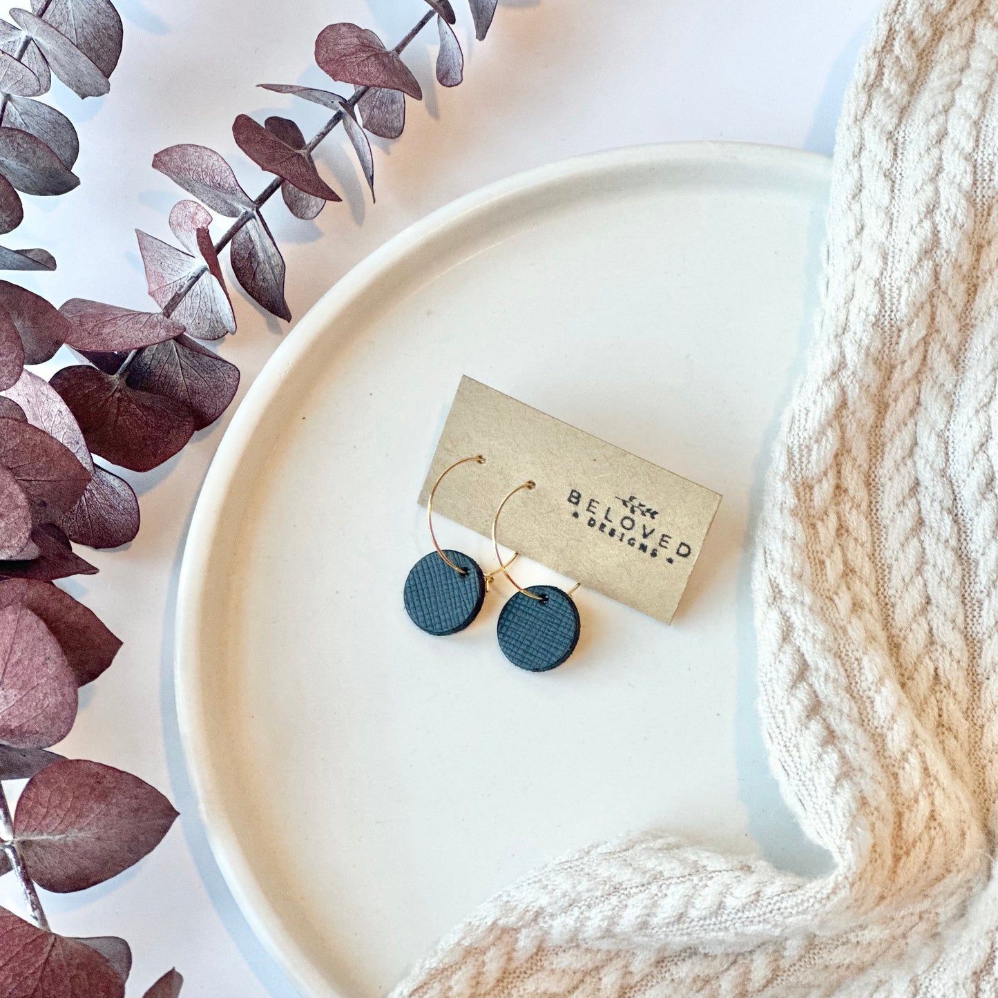 Black Textured Leather Circle + Hoop Earrings