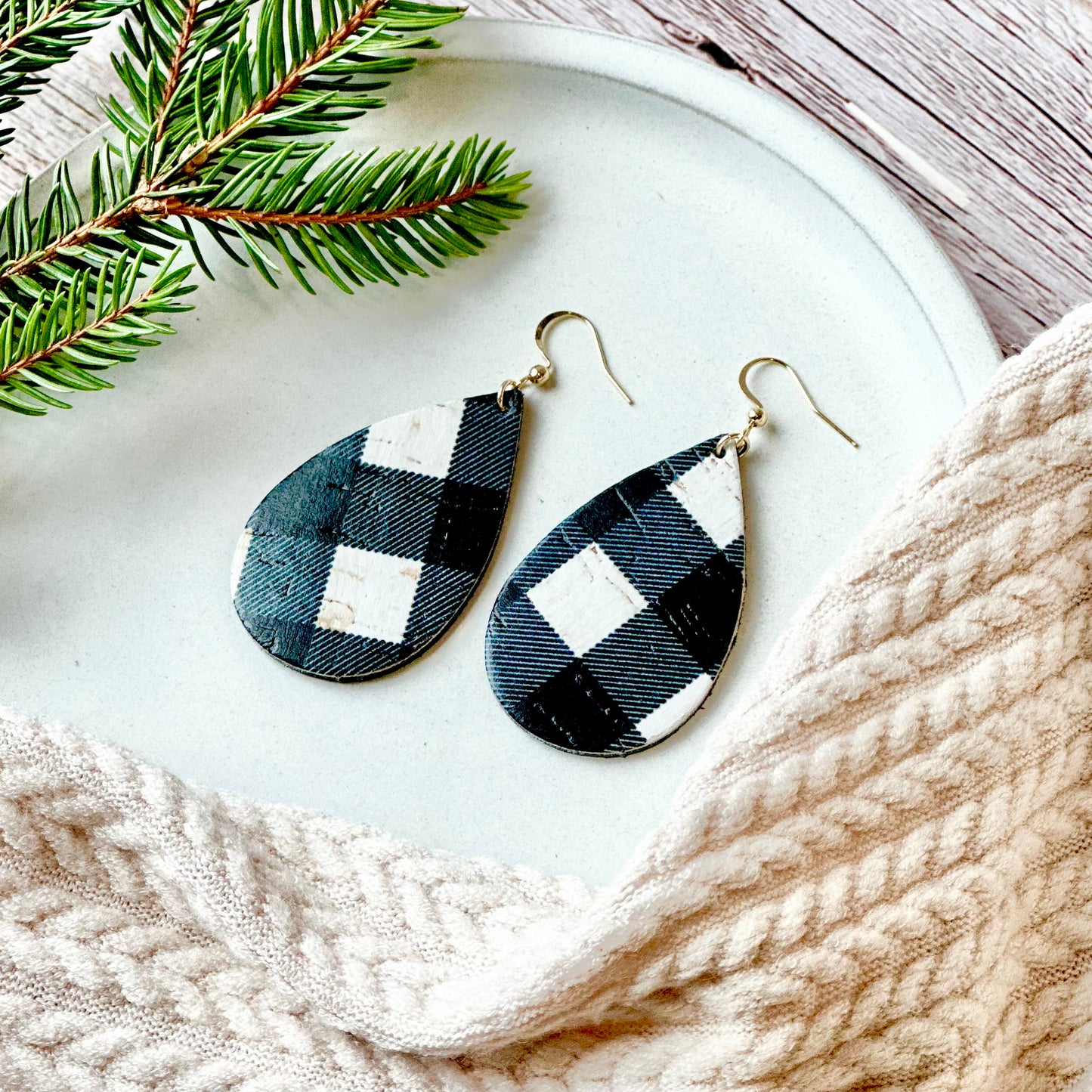 Buffalo Check Leather Teardrop Earrings