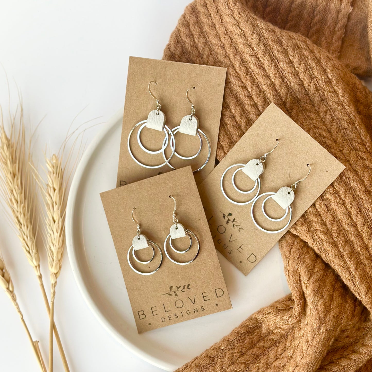 Cream Leather + Double Rhodium Hoop Earrings