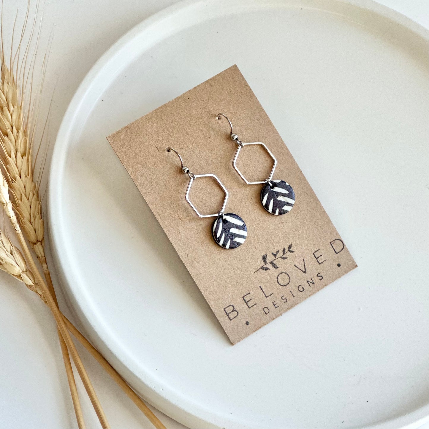 Black and White Chevron Cork Leather + Hexagon Earrings