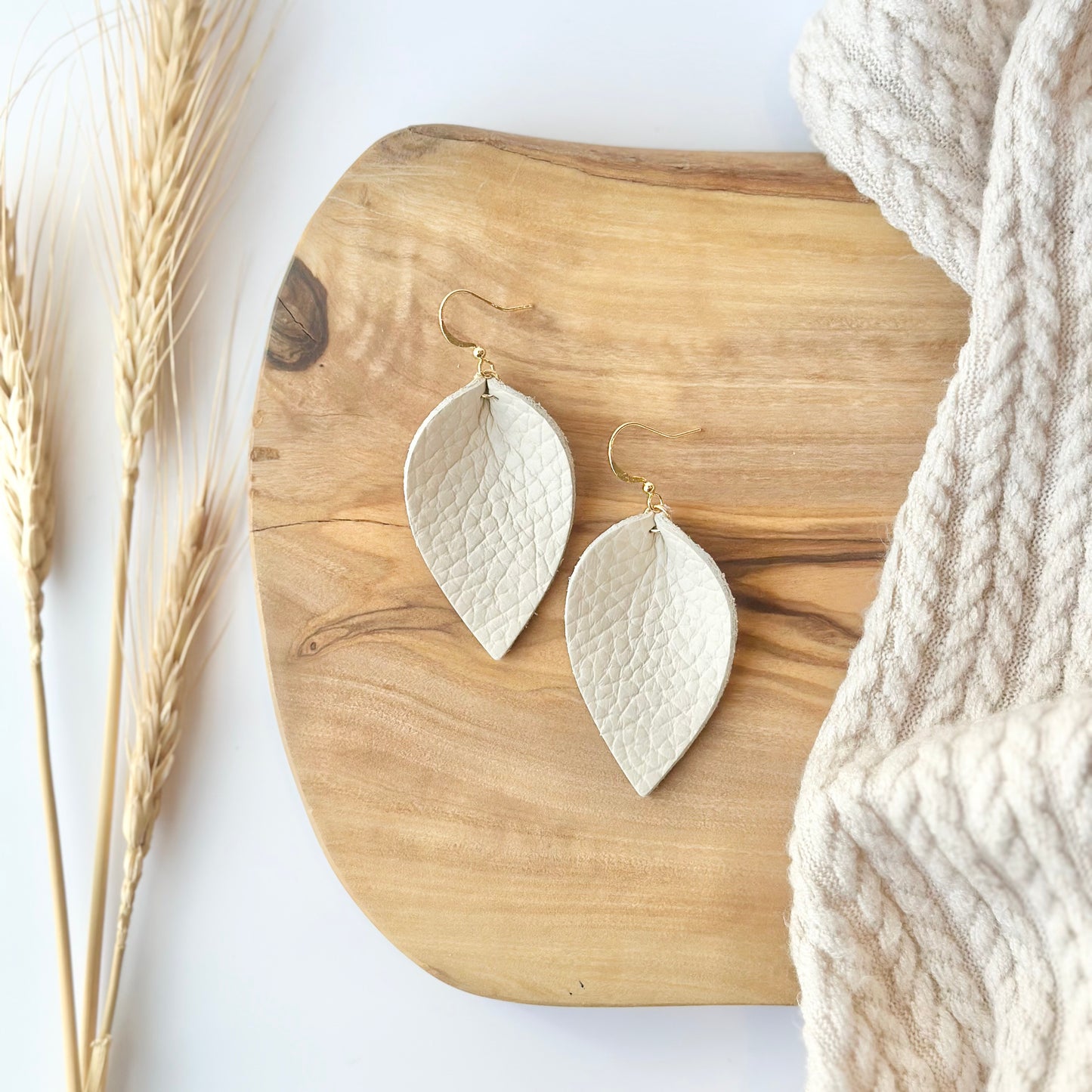 Almond Leather Folded Leaf Earrings - Large