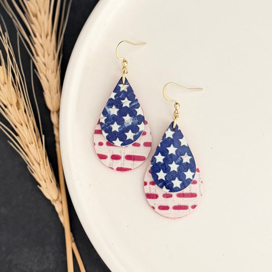 Cork Leather Double Teardrop Earrings | Stars + Dotted Stripes