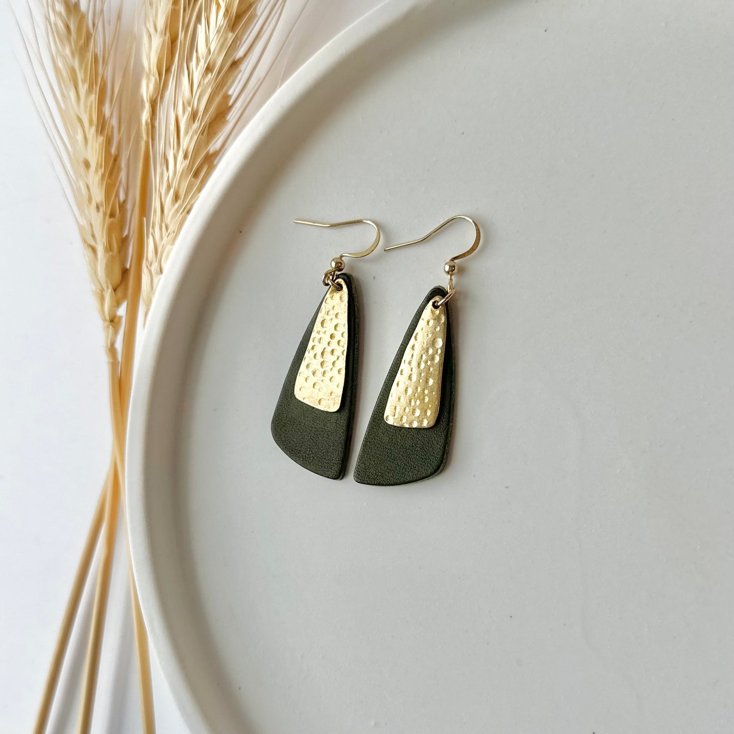 Olive Leather Drop Leaf + Hammered Brass Earrings