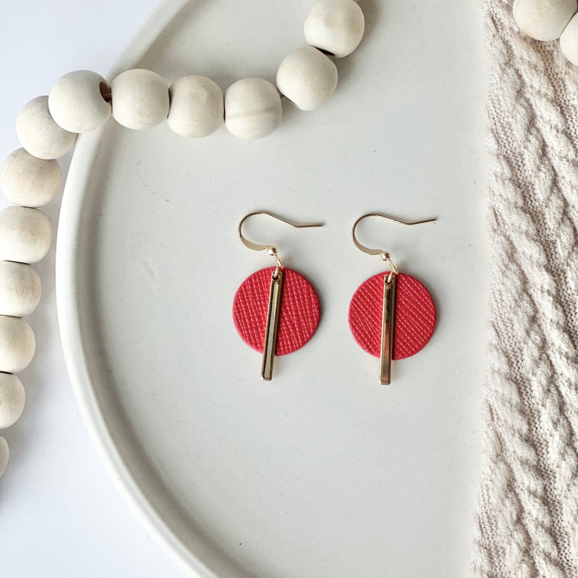 Cherry Red Textured Leather Circle Bar Earrings - Main Image