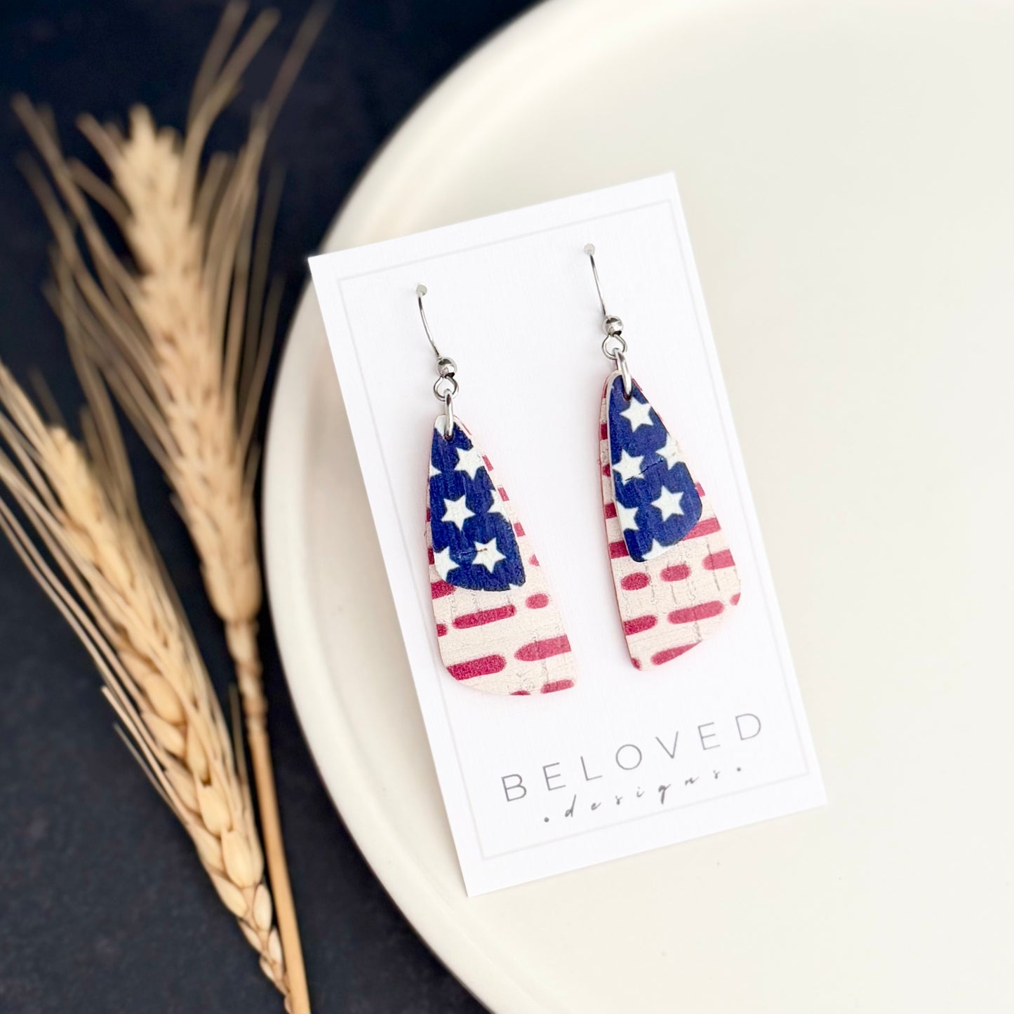 Cork Leather Double Drop Leaf Earrings | Stars + Dotted Stripes