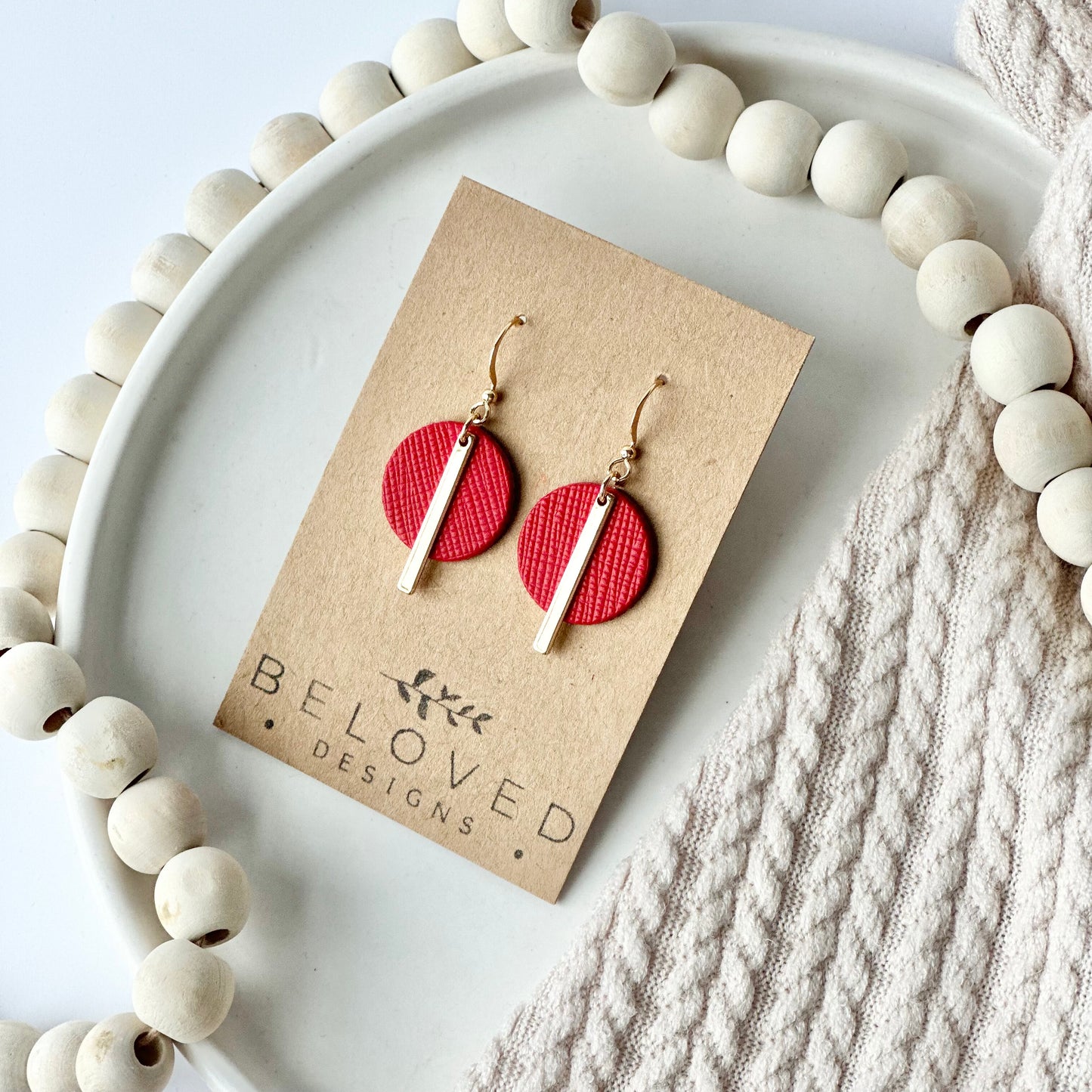 Cherry Red Textured Leather Circle + Bar Earrings