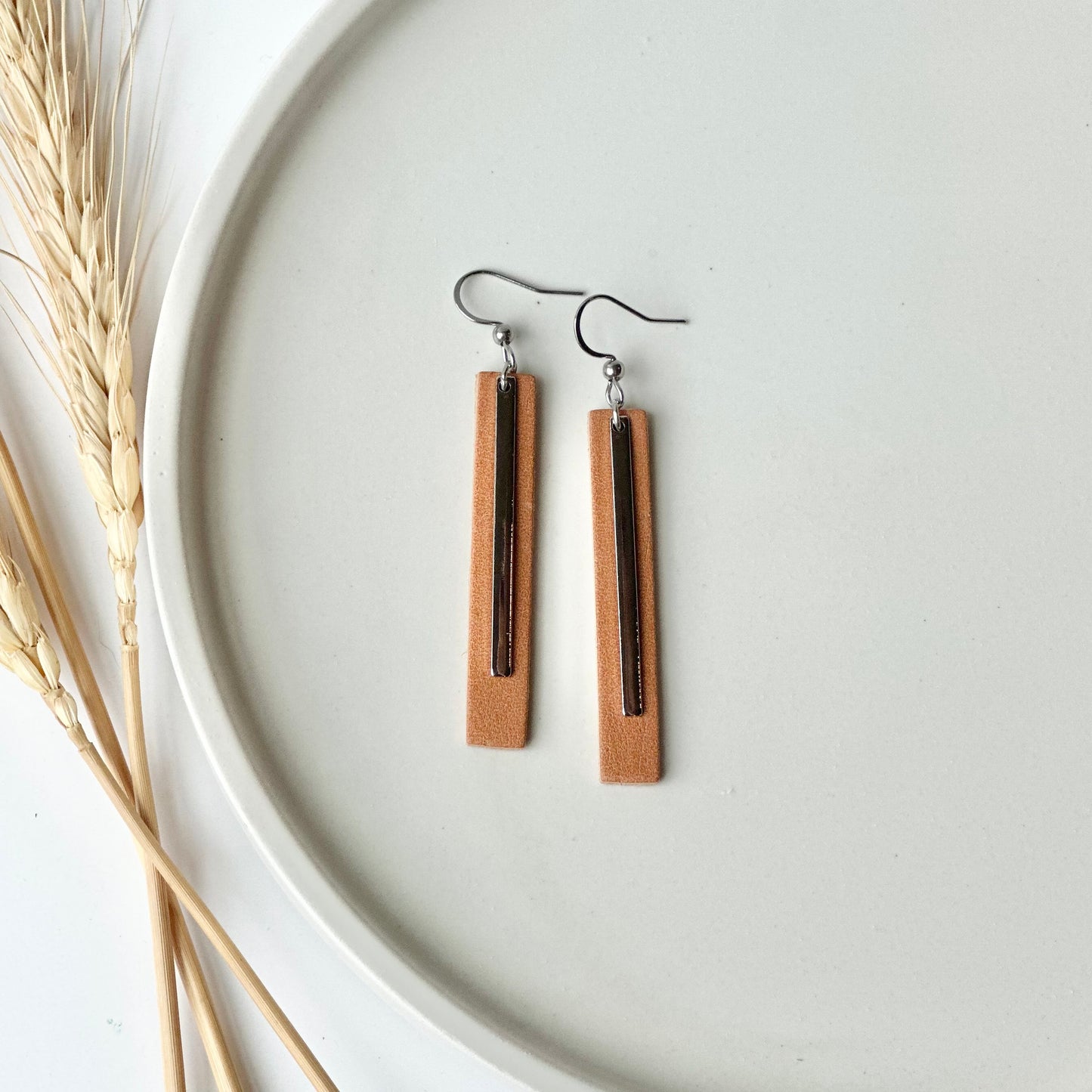 Natural Leather Bar + Rhodium Bar Earrings