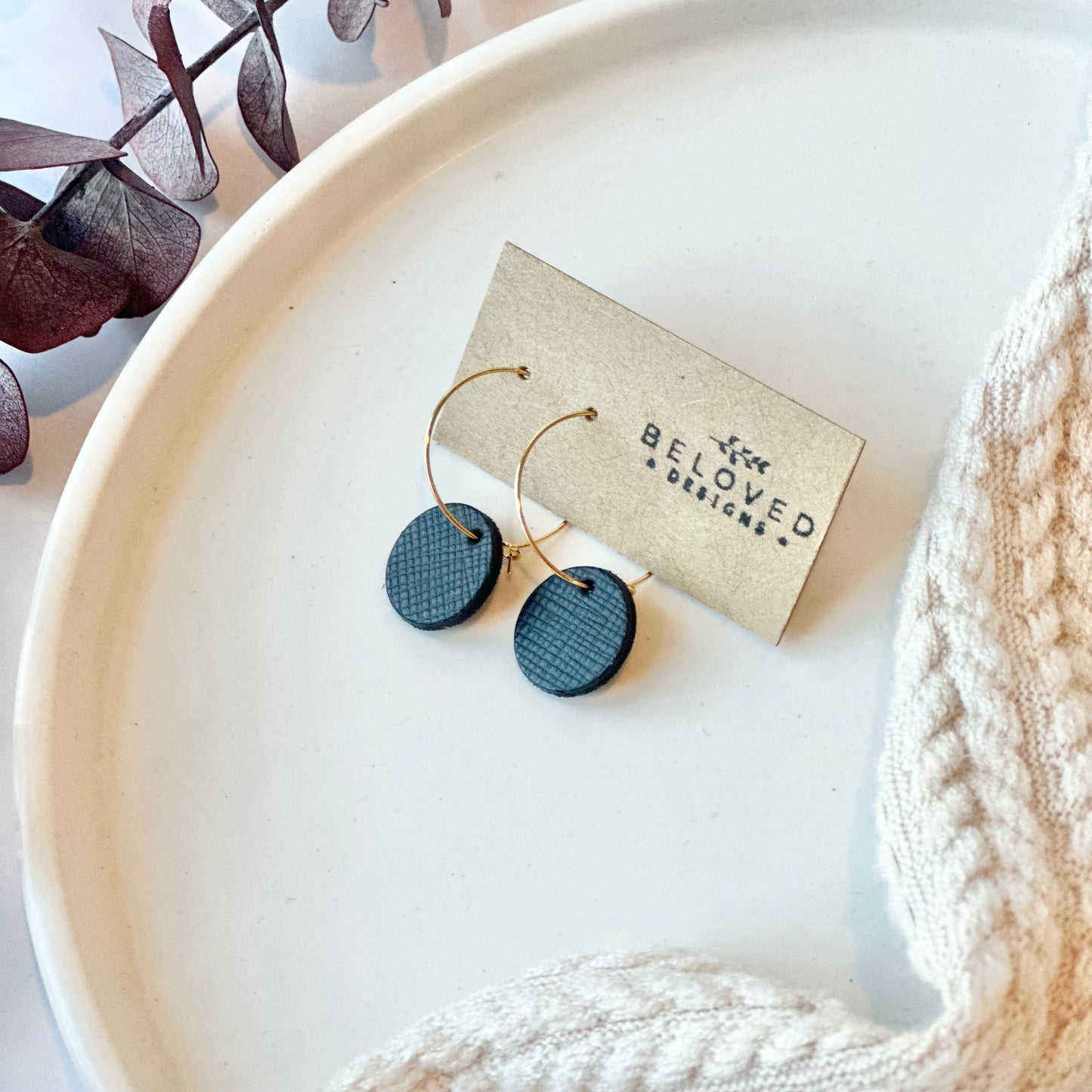 Black Textured Leather Circle + Hoop Earrings