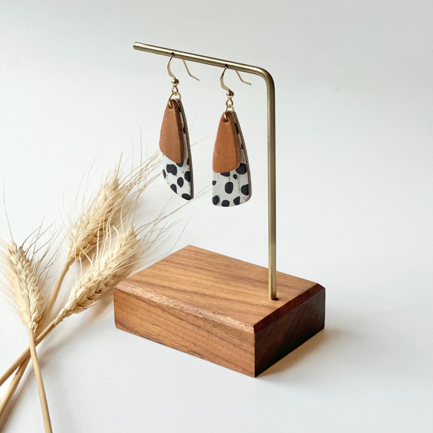 Dalmatian Cork + Natural Leather Drop Leaf Earrings