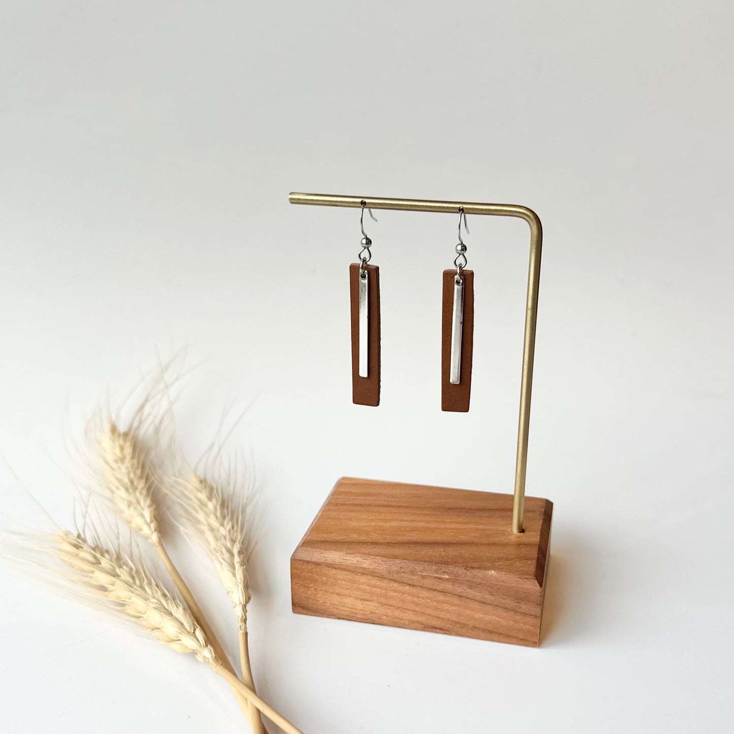 Cognac Leather Bar + Rhodium Bar Earrings