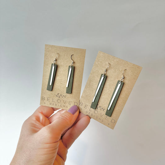 Olive Leather Bar + Rhodium Bar Earrings