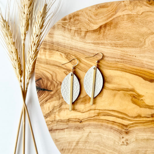 Cream Leather Leaf + Gold Bar Earrings