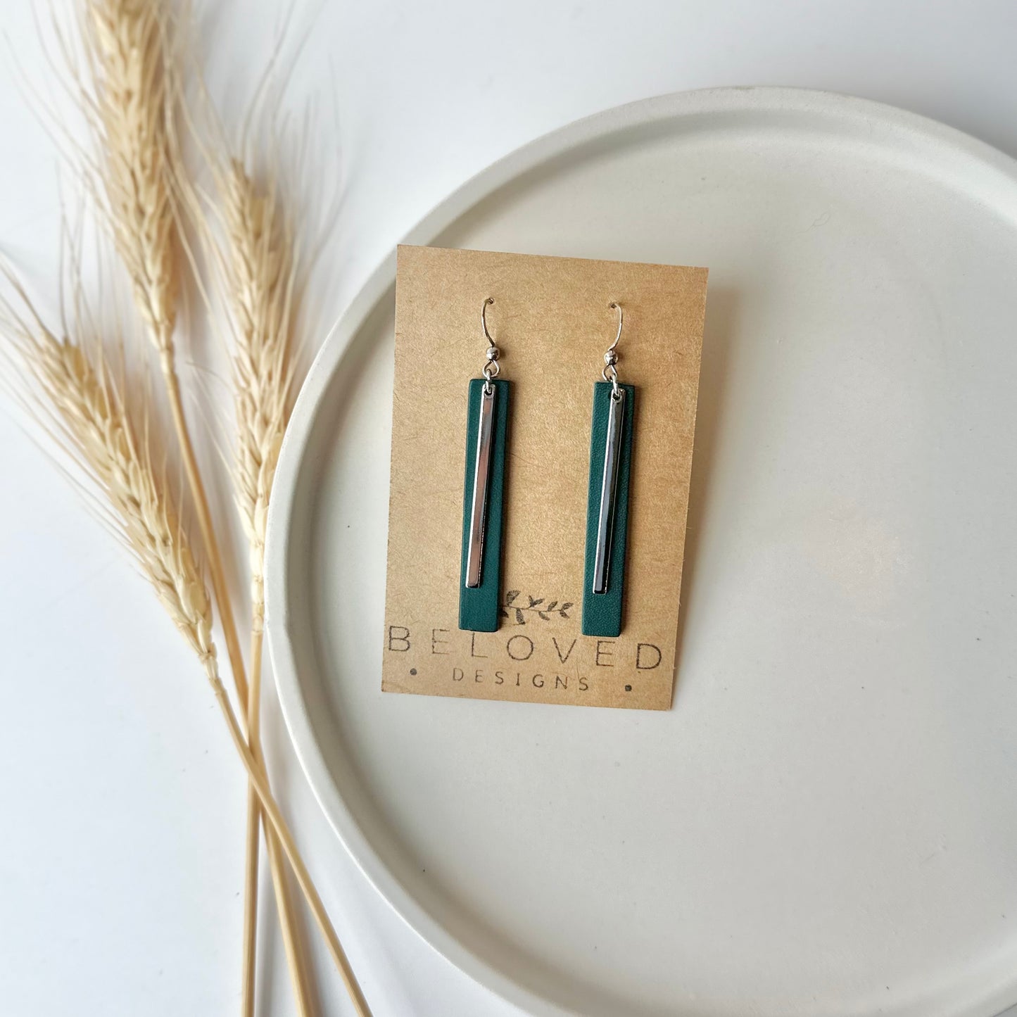 Deep Teal Leather Bar + Rhodium Bar Earrings