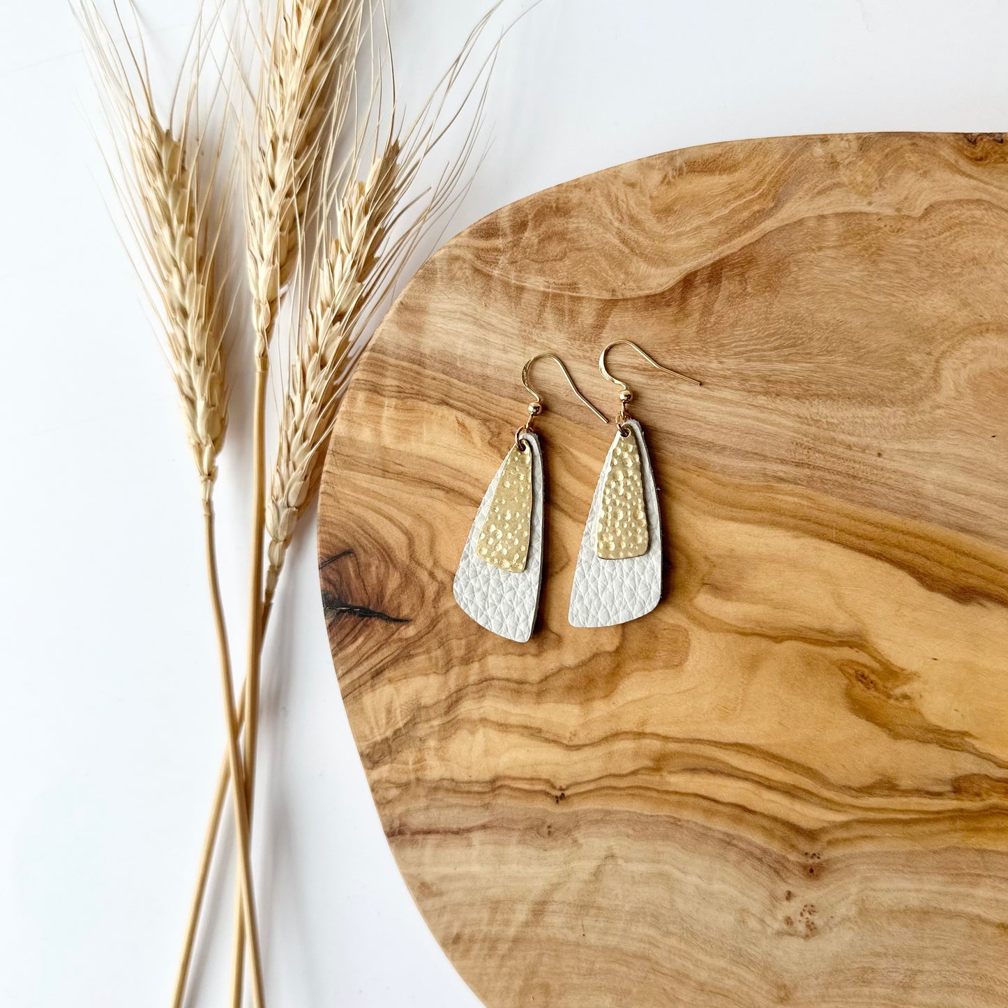 Cream Leather Drop Leaf + Hammered Brass Earrings