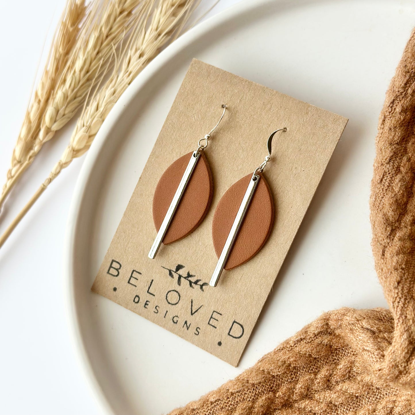 Cognac Leather Leaf + Rhodium Bar Earrings