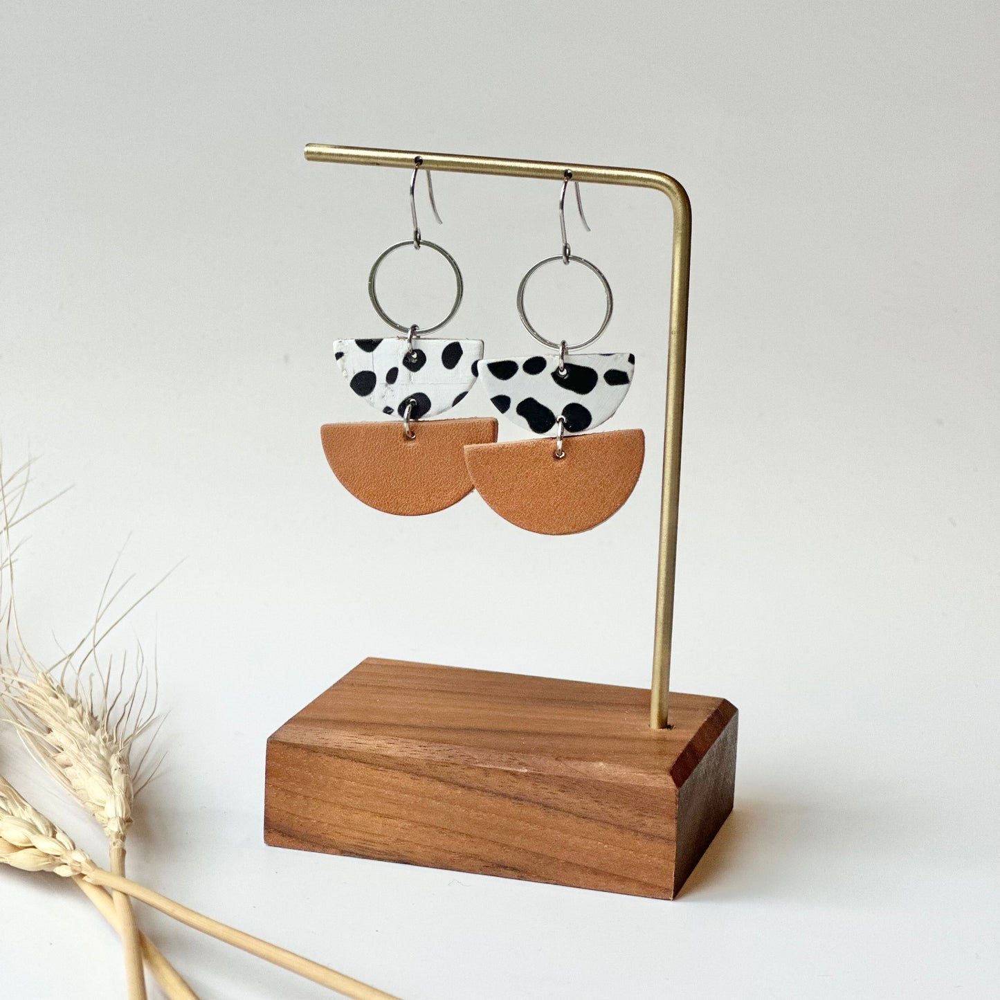 Dalmatian + Natural Leather Half Circle + Hoop Earrings