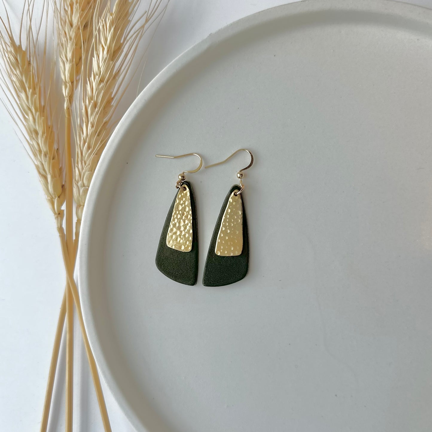 Olive Leather Drop Leaf + Hammered Brass Earrings