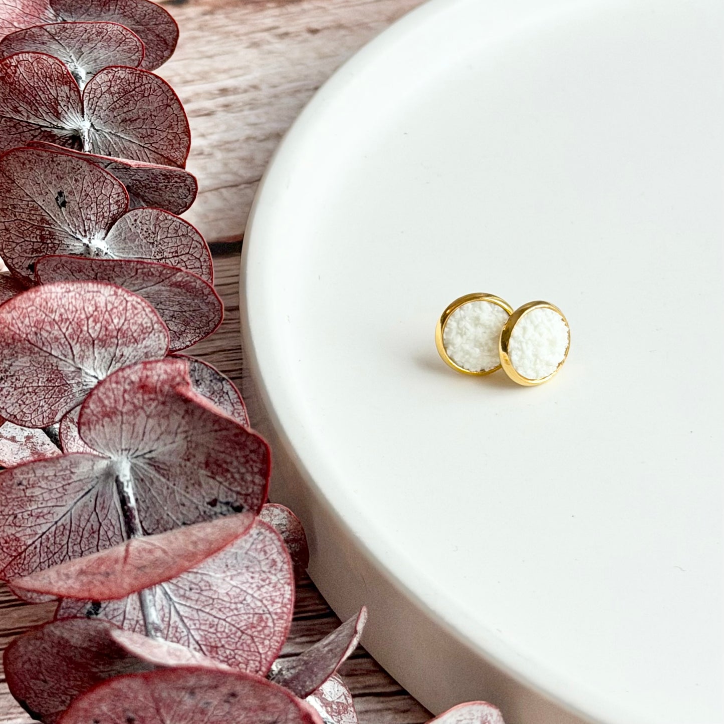 White Sparkle Stud Earrings | 12mm Gold