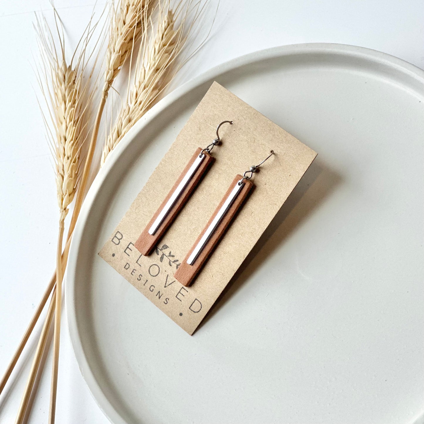 Natural Leather Bar + Rhodium Bar Earrings