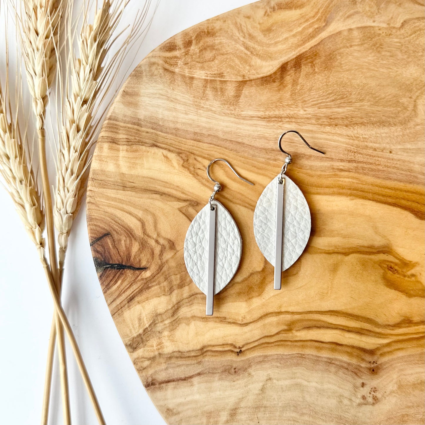 Cream Leather Leaf + Rhodium Bar Earrings