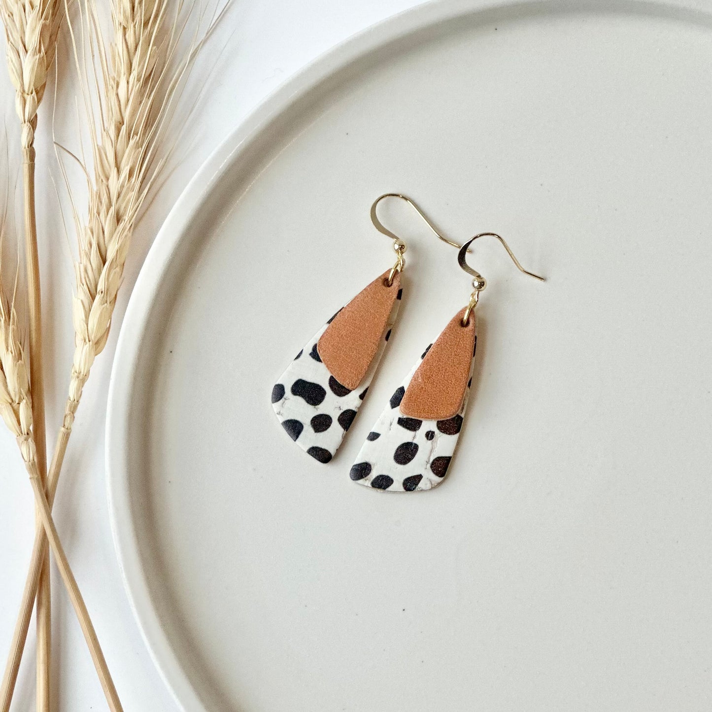 Dalmatian Cork + Natural Leather Drop Leaf Earrings