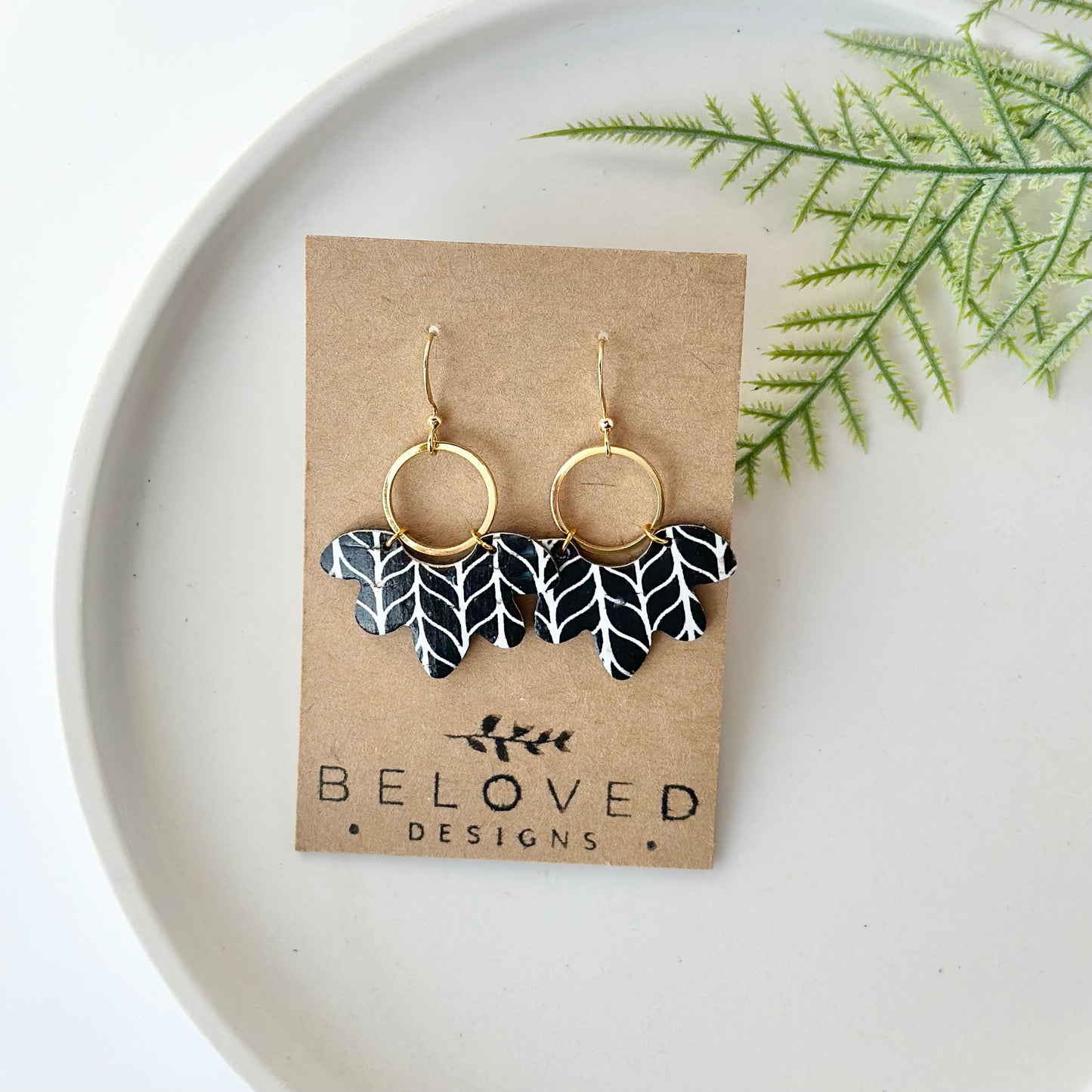 Black and White Chevron Flower + Hoop Earrings