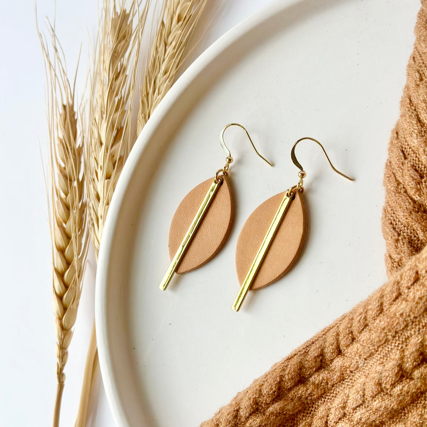 Natural Leather Leaf + Gold Bar Earrings