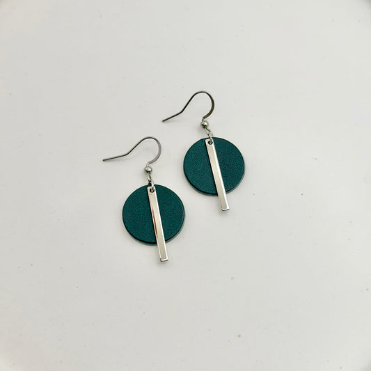 Leather Circle + Rhodium Bar Earrings | Teal