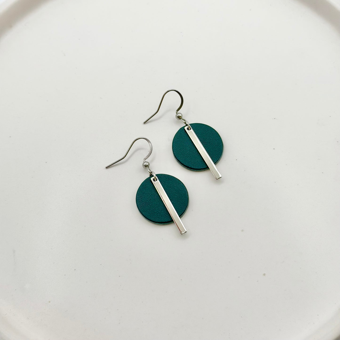 Leather Circle + Rhodium Bar Earrings | Teal