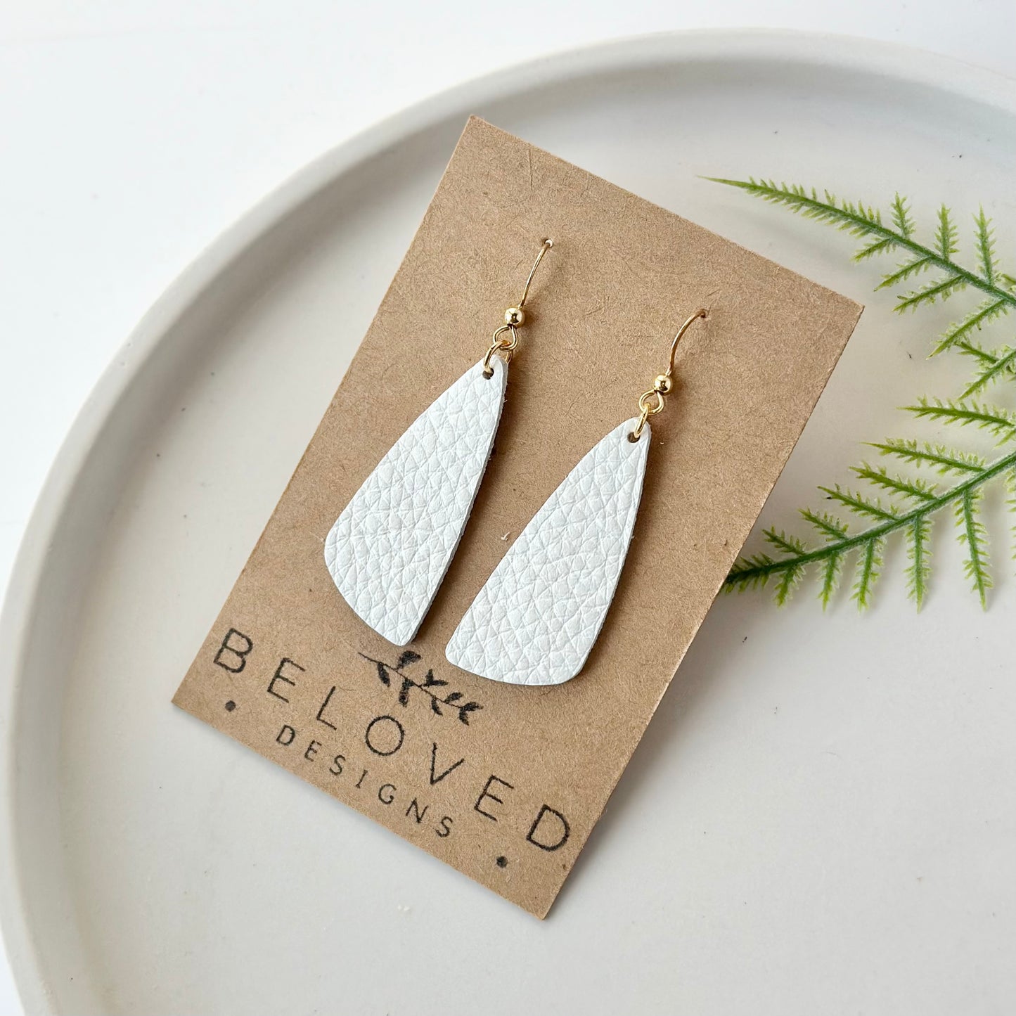 White Leather Drop Leaf Earrings