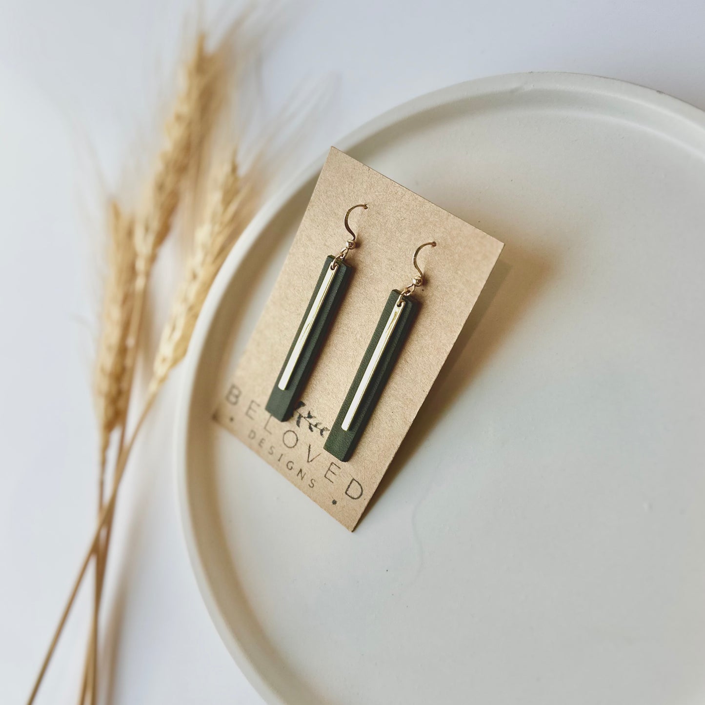 Olive Leather Bar + Gold Bar Earrings