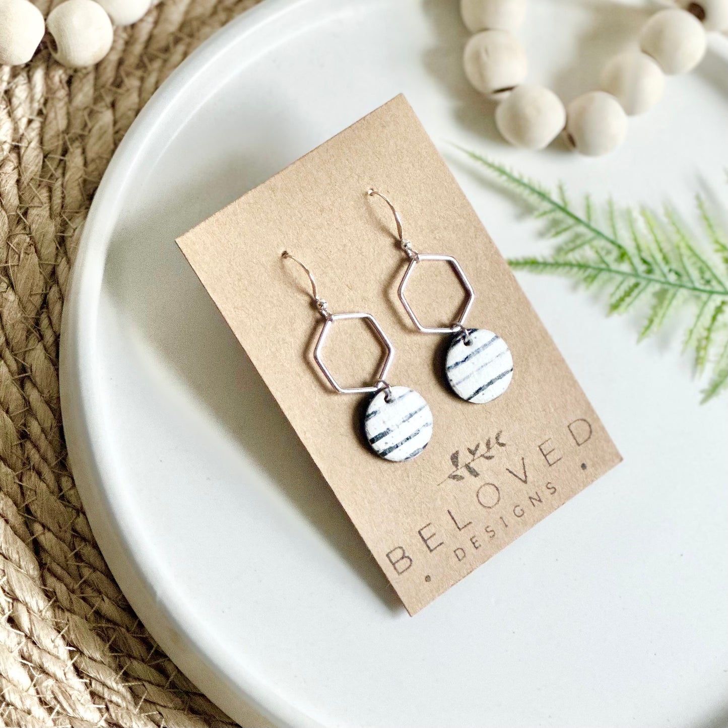 Black and White Stripe Cork Leather + Hexagon Earrings