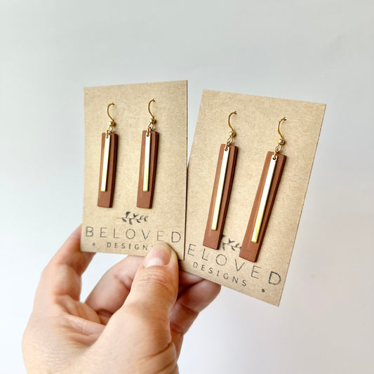 Cognac Leather Bar + Gold Bar Earrings