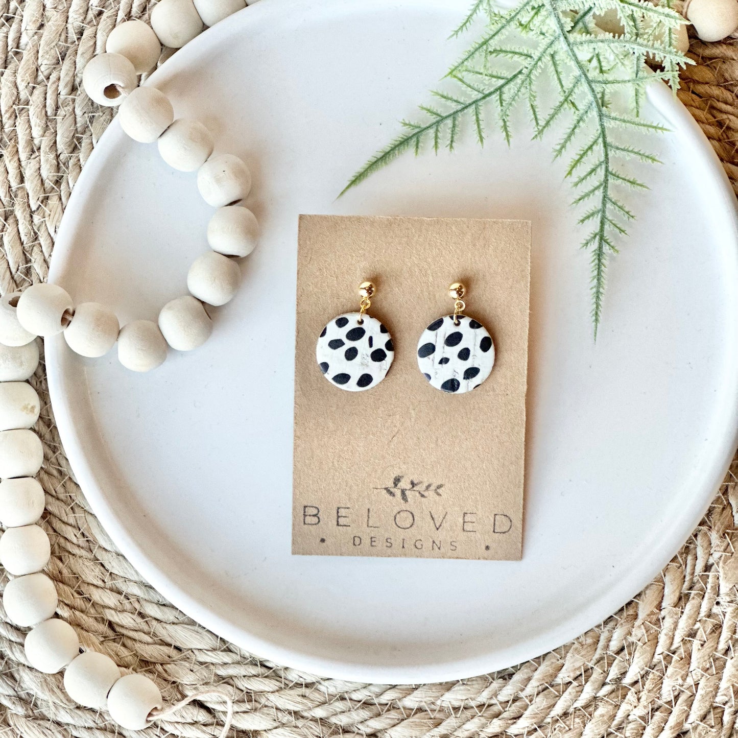 Dalmatian Cork Leather Circle + Stud Earrings