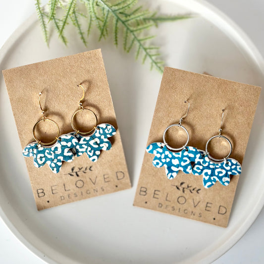 Teal Leopard Cork Leather Flower + Hoop Earrings