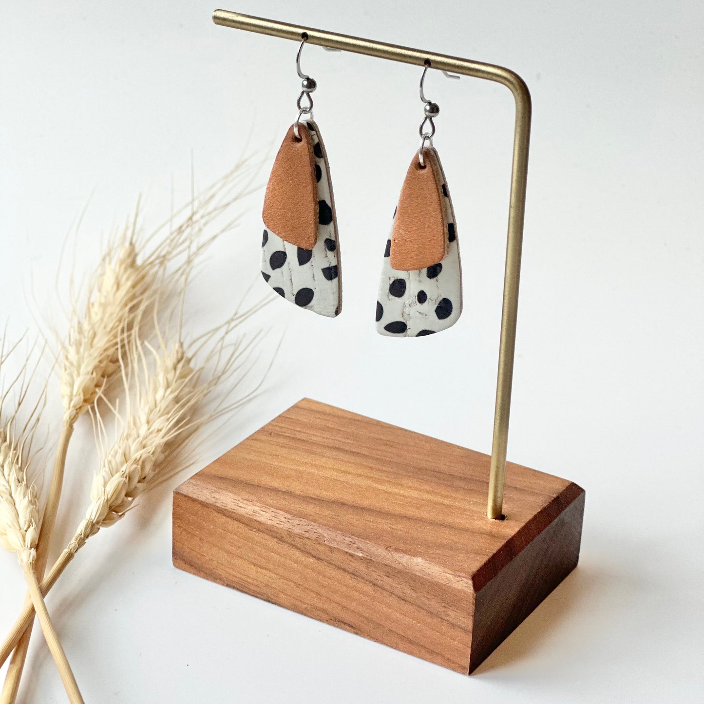 Dalmatian Cork + Natural Leather Drop Leaf Earrings